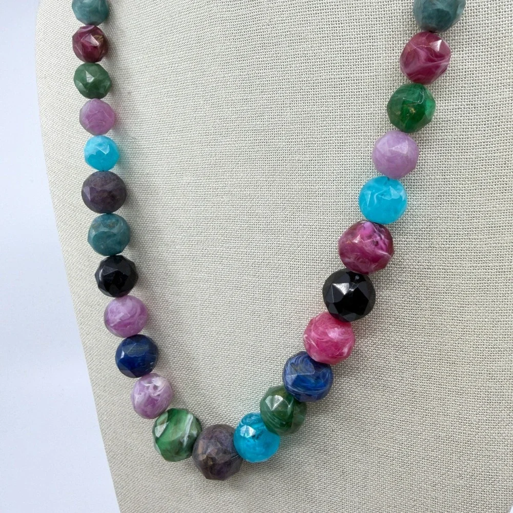 Multicolor Faceted Marbled Bead Long Necklace Chunky Boho Statement Jewelry